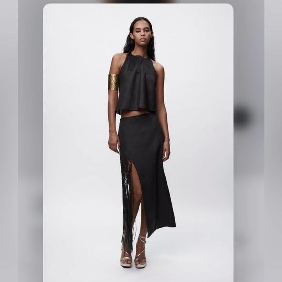 Zara Black Midi Skirt with Fringe Detail - Picture 8 of 13